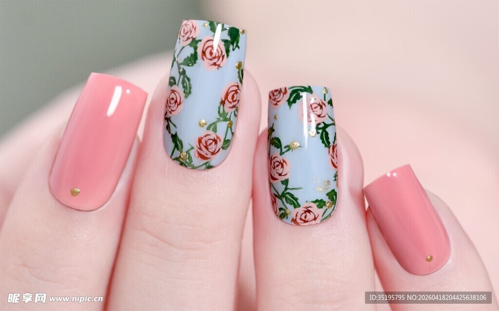 粉色花卉美甲图案展示