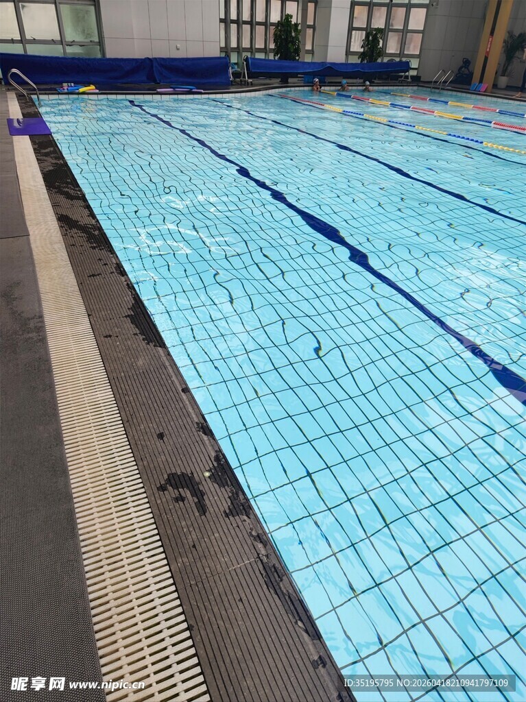 室内整洁的蓝色瓷砖泳池