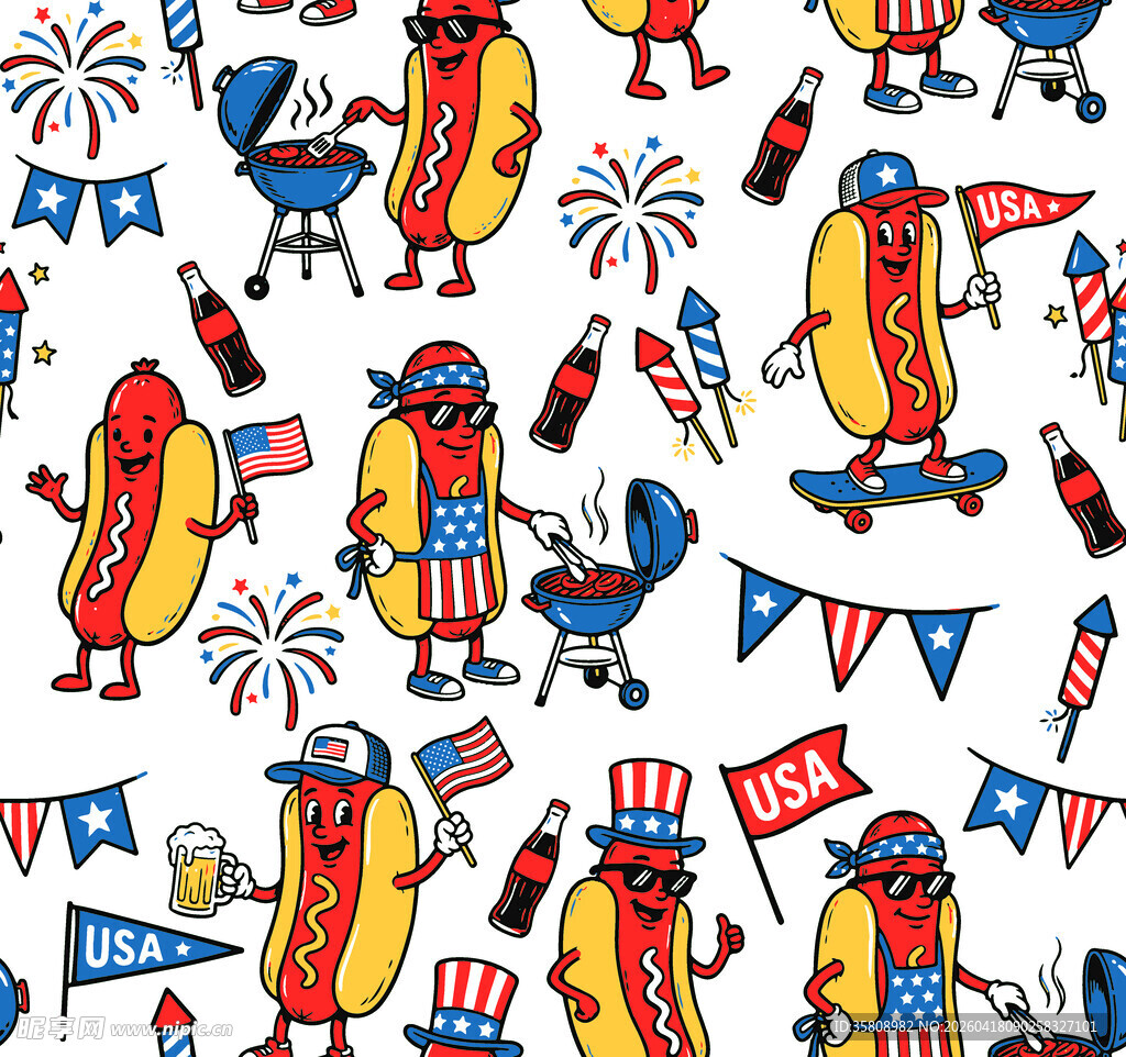 热狗主题的美国独立日图案