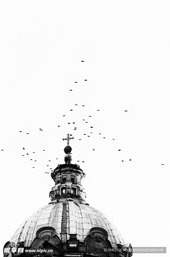 飞鸟环绕古典建筑穹顶
