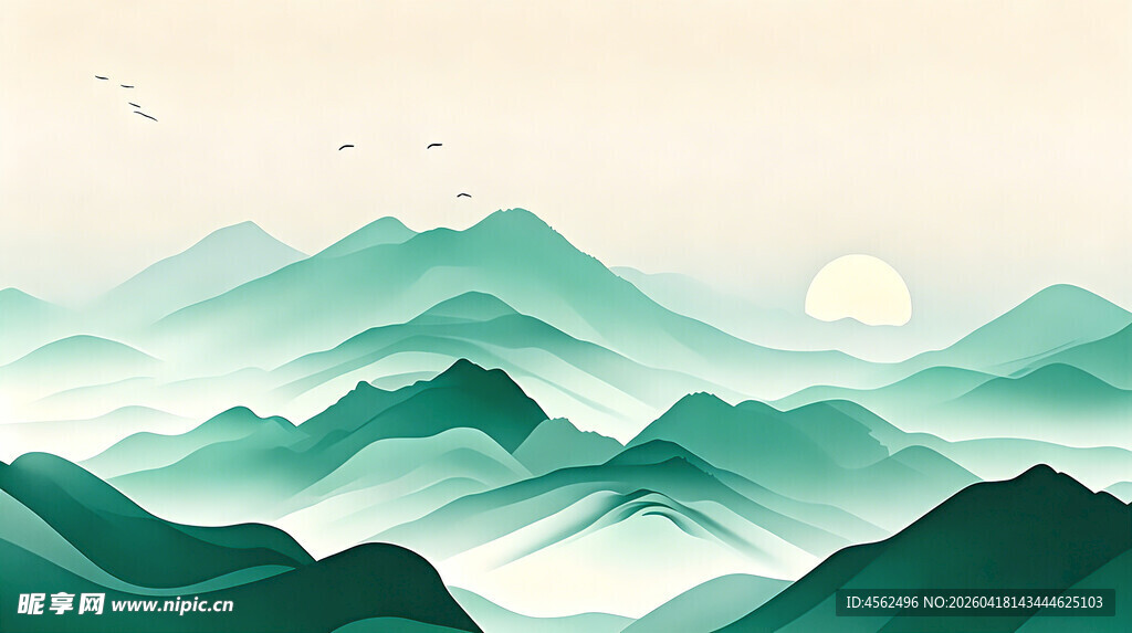 水墨群山间的日出美景