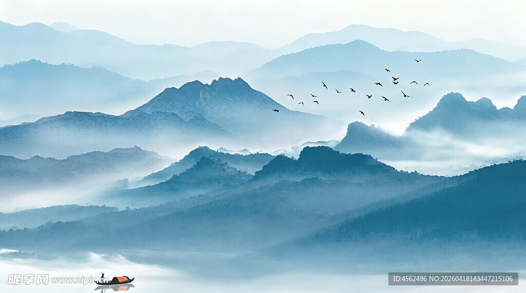 水墨山水间的孤舟