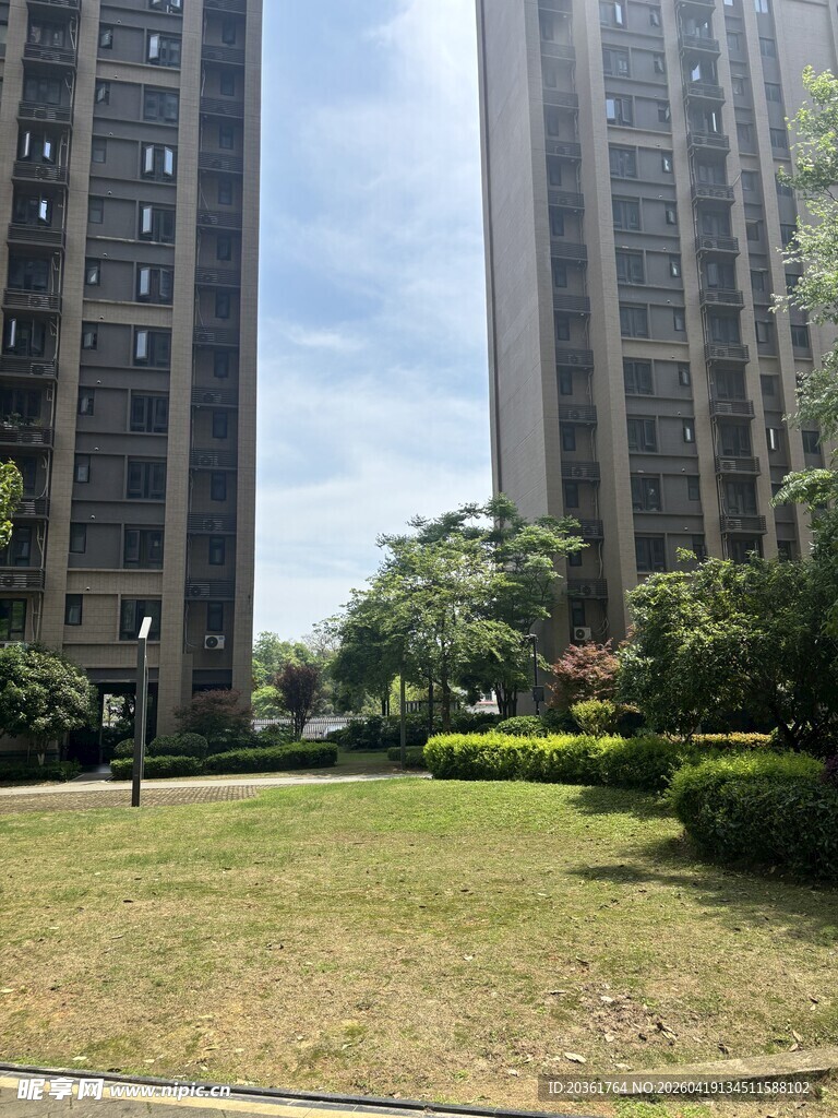 高层住宅旁的绿意草坪