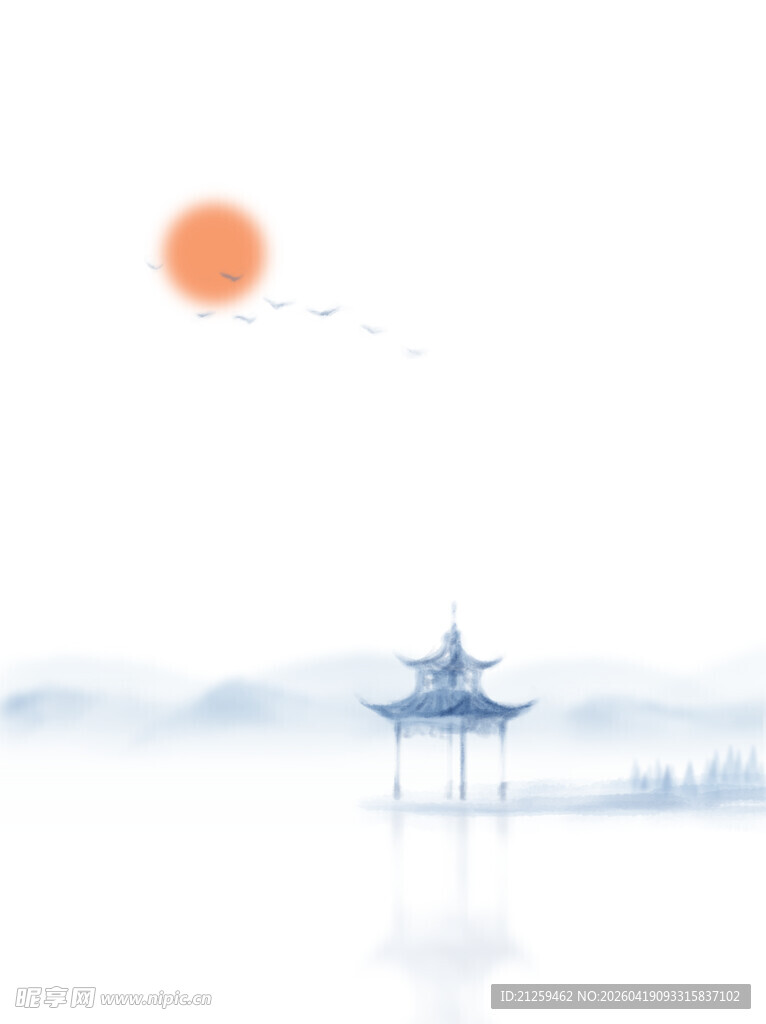 原创山水画凉亭中国风