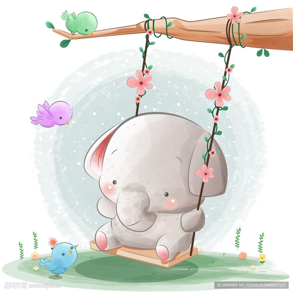 小象荡秋千的春日萌趣场景