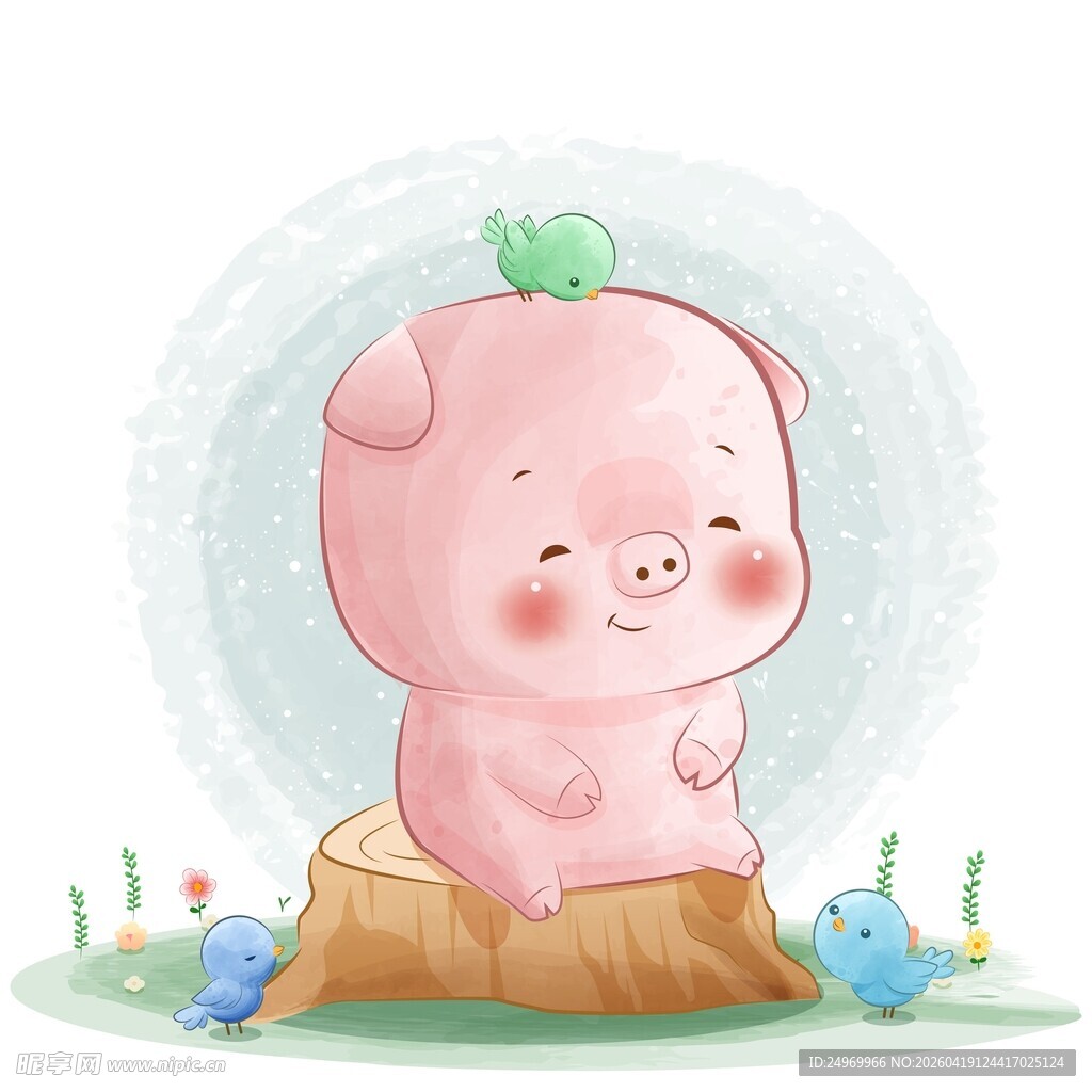 可爱小猪坐在树桩上