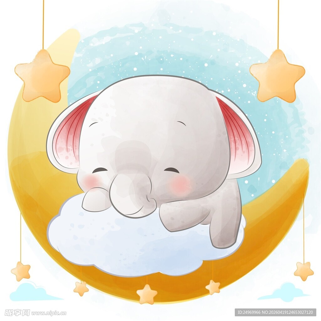可爱小象在月牙上甜睡