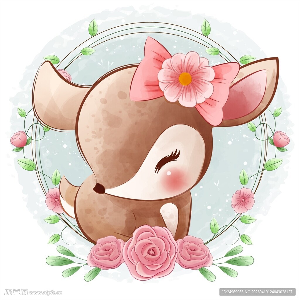 可爱小鹿花环插画