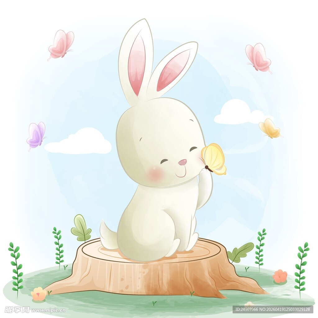 可爱白兔坐树桩赏小花