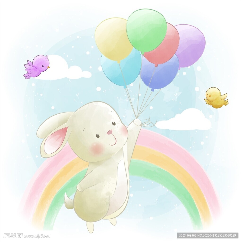 兔子持气球伴彩虹与飞鸟