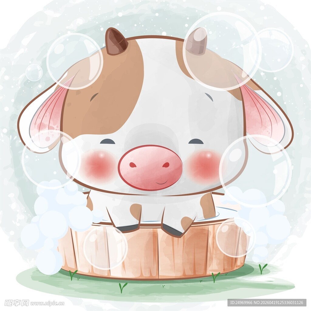 可爱小牛在木桶中泡澡