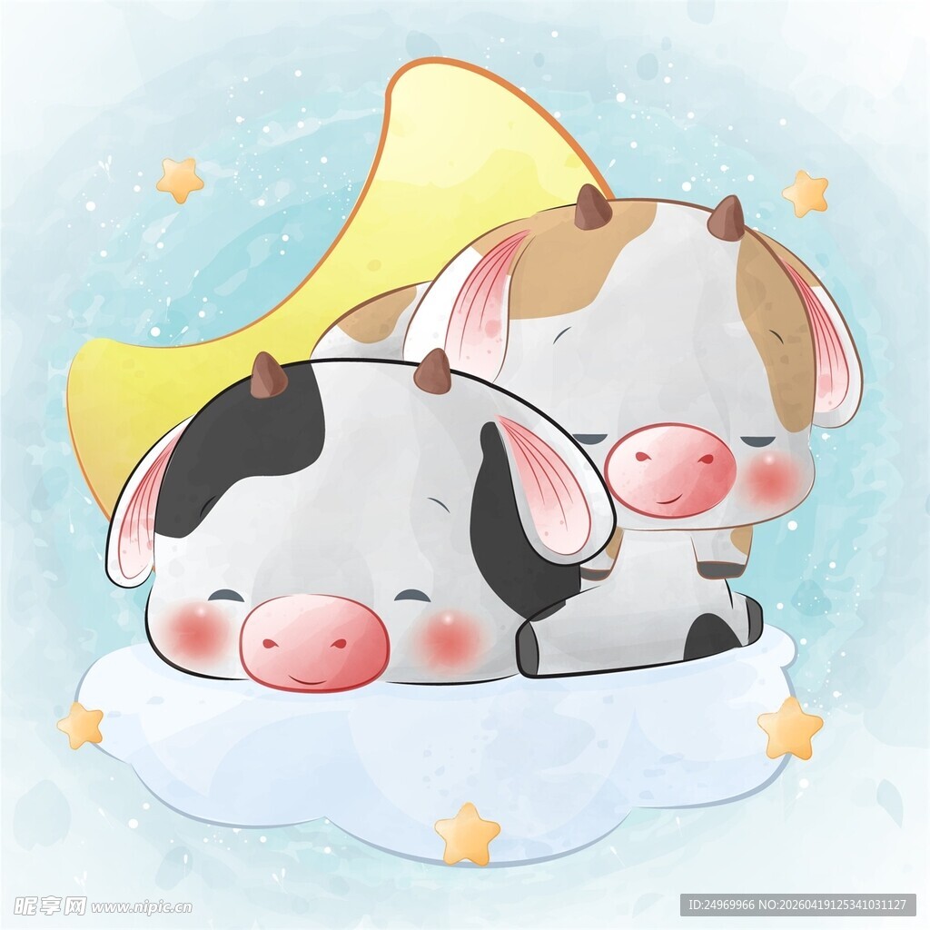 可爱小牛在云朵上甜睡
