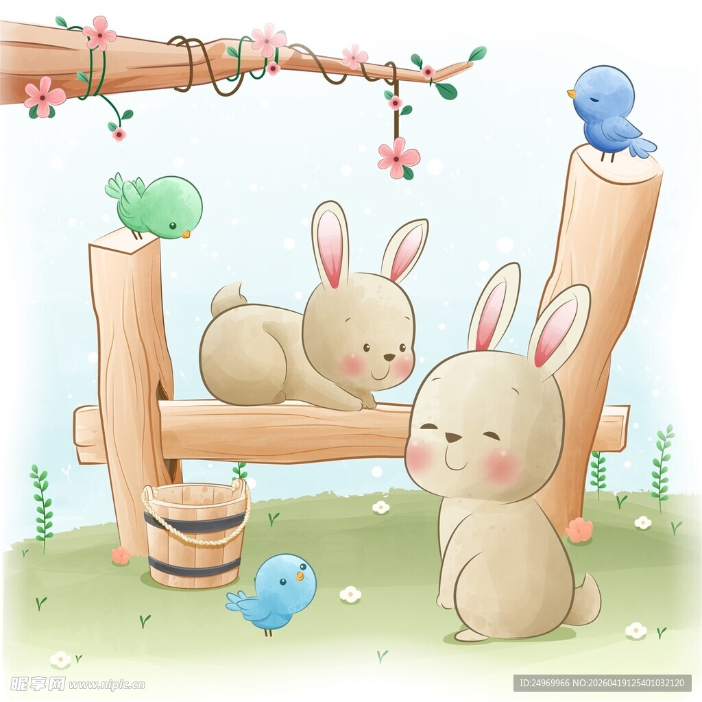 可爱兔子在木架旁玩耍