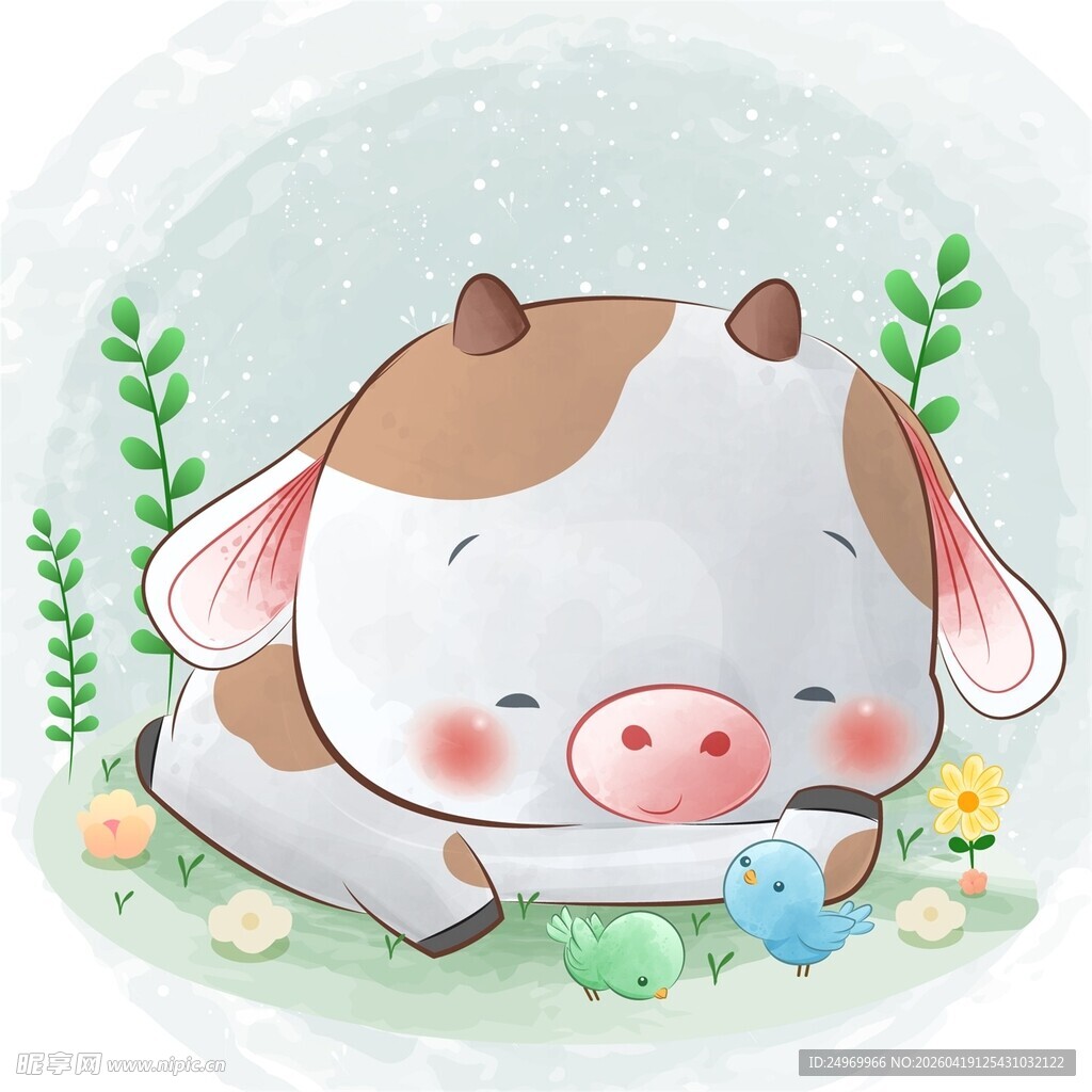 可爱小牛惬意躺卧花丛中