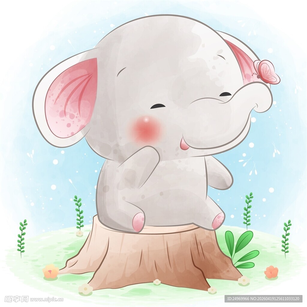 可爱小象站在树桩上