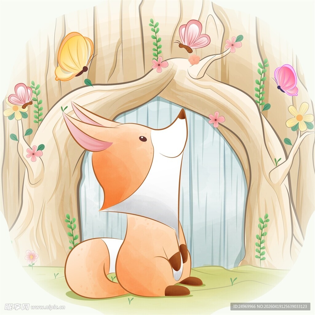 狐狸于树洞旁仰头赏景