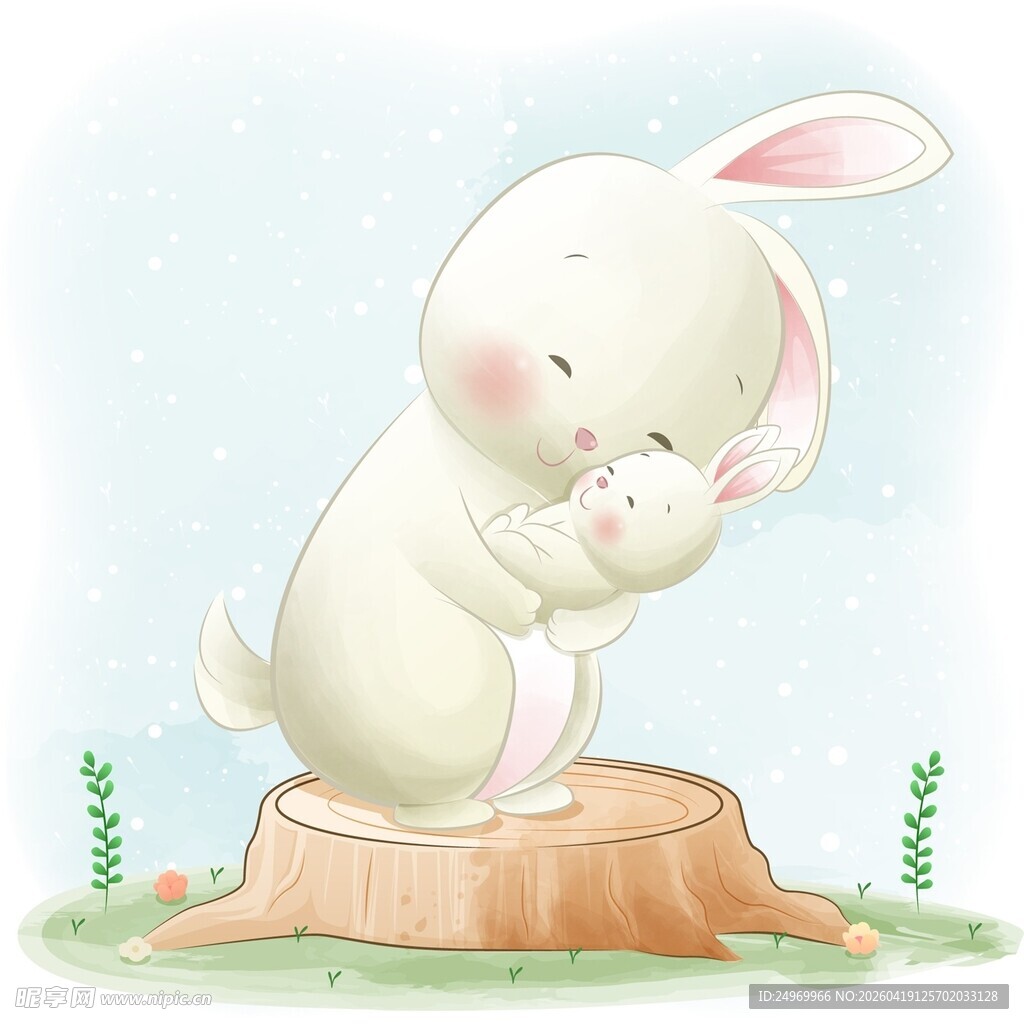 可爱白兔抱玩偶于树桩