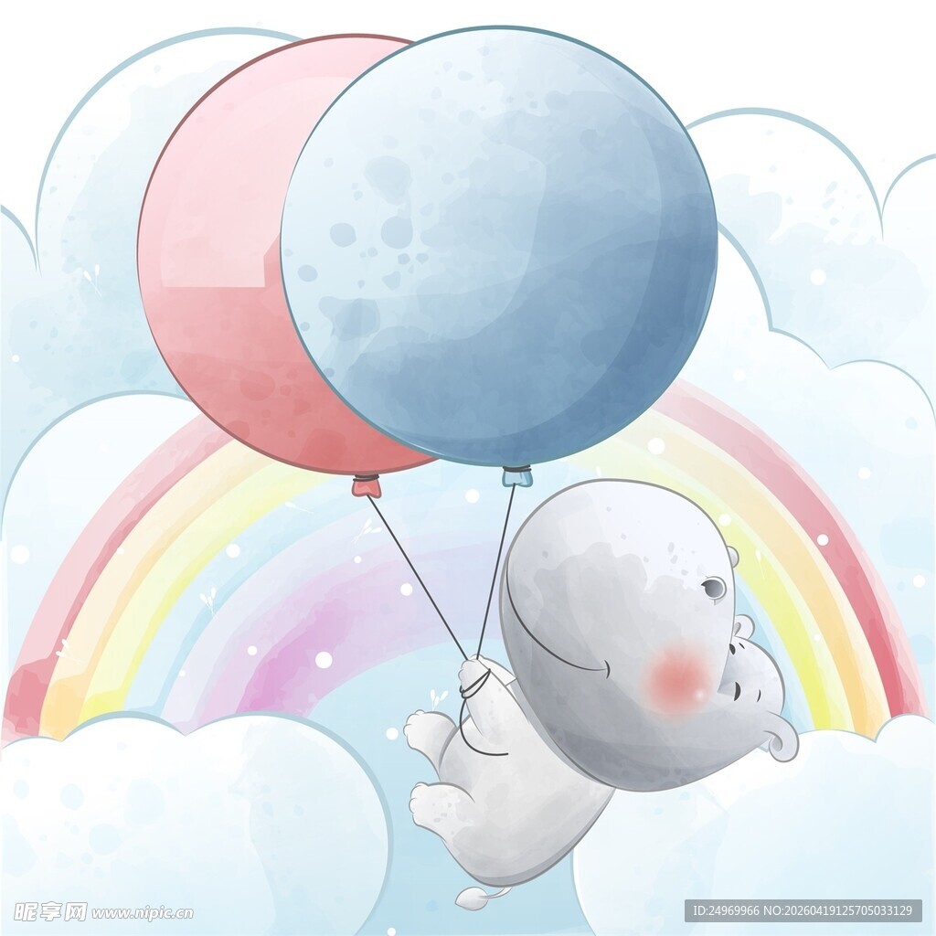 小象乘气球飘于彩虹云端