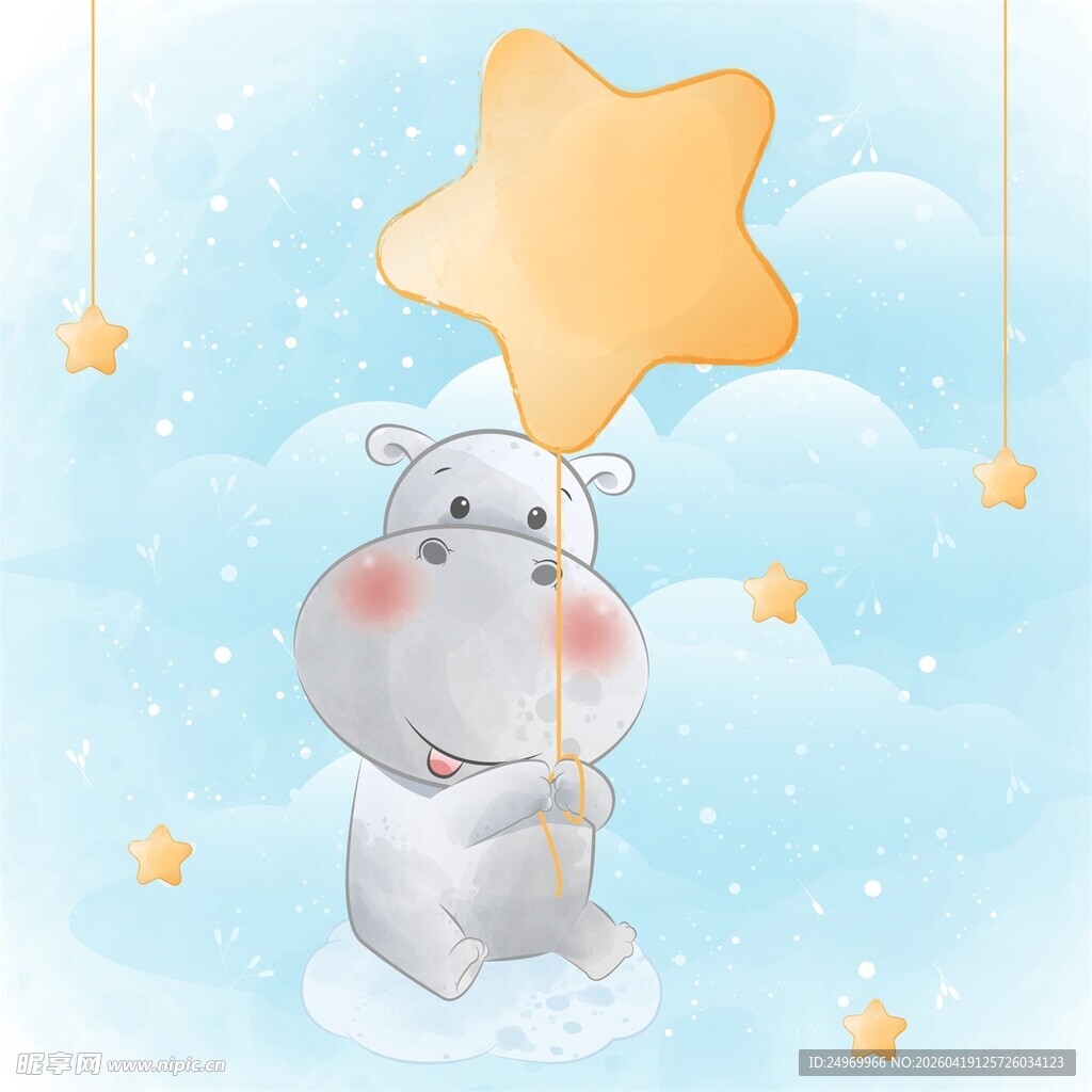 河马手持星星气球在云端