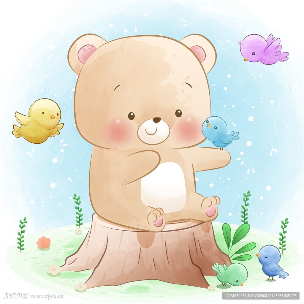 小熊在树桩旁与小鸟相伴