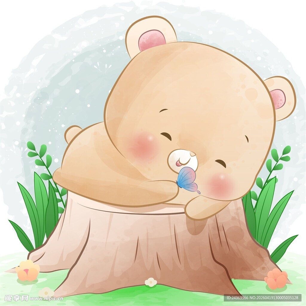 小熊惬意躺树桩享受时光