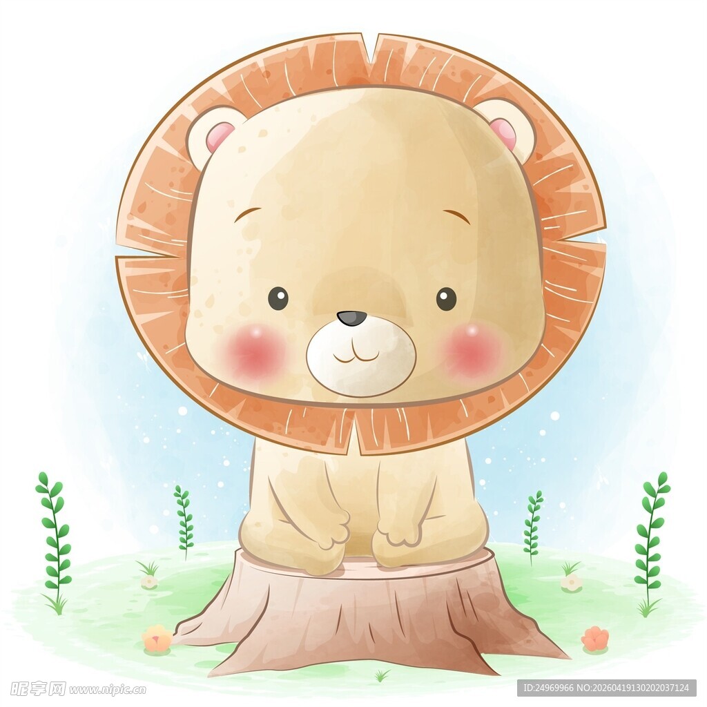 可爱小狮子坐于树桩旁