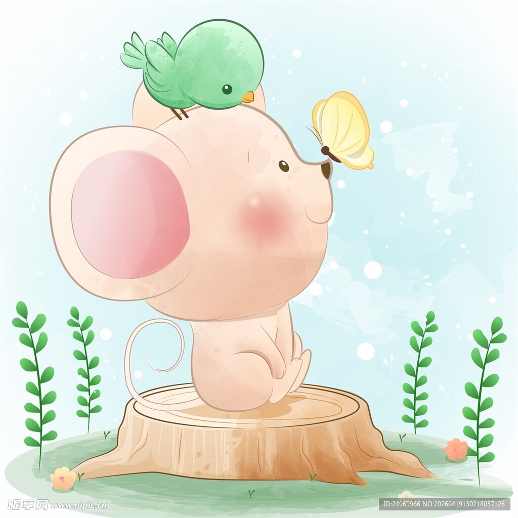 树桩上的萌鼠与小鸟