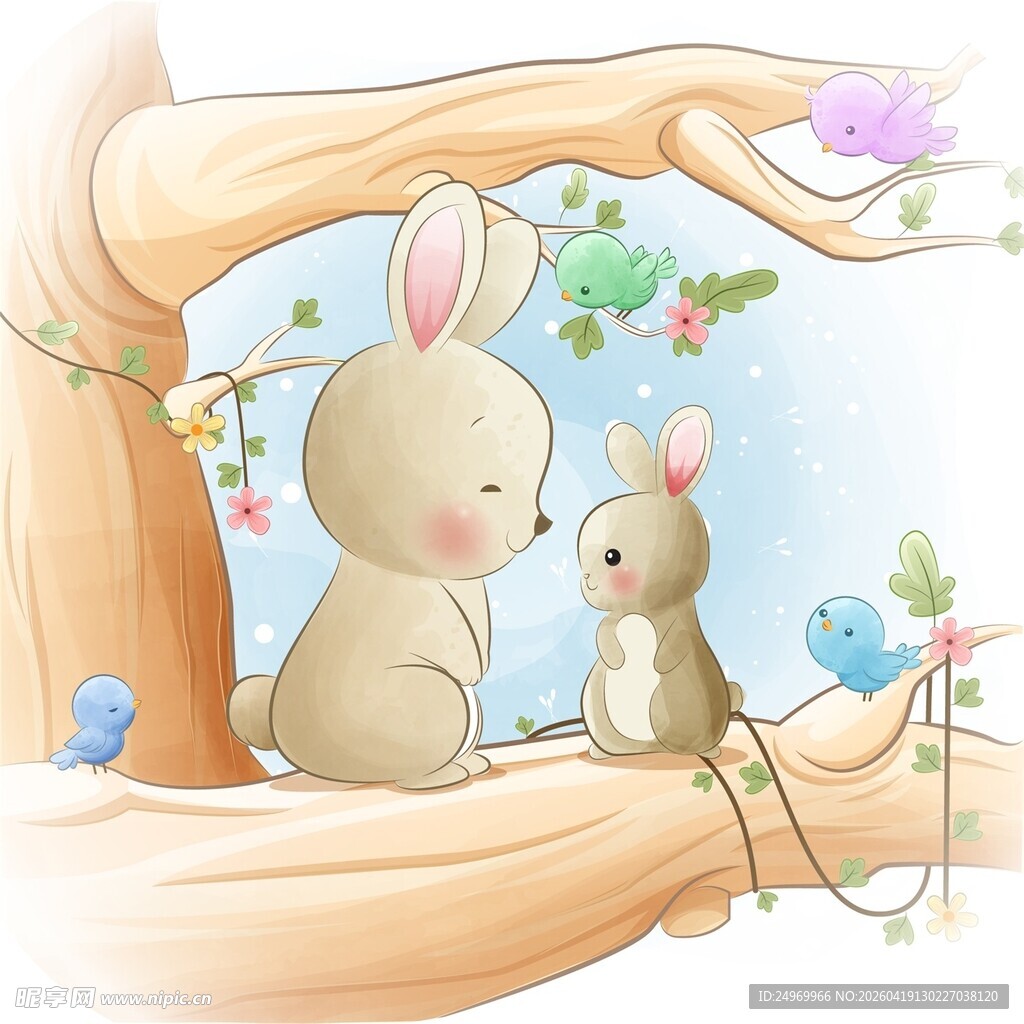 树上的兔子母子温馨时刻
