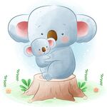 树桩上的考拉母子