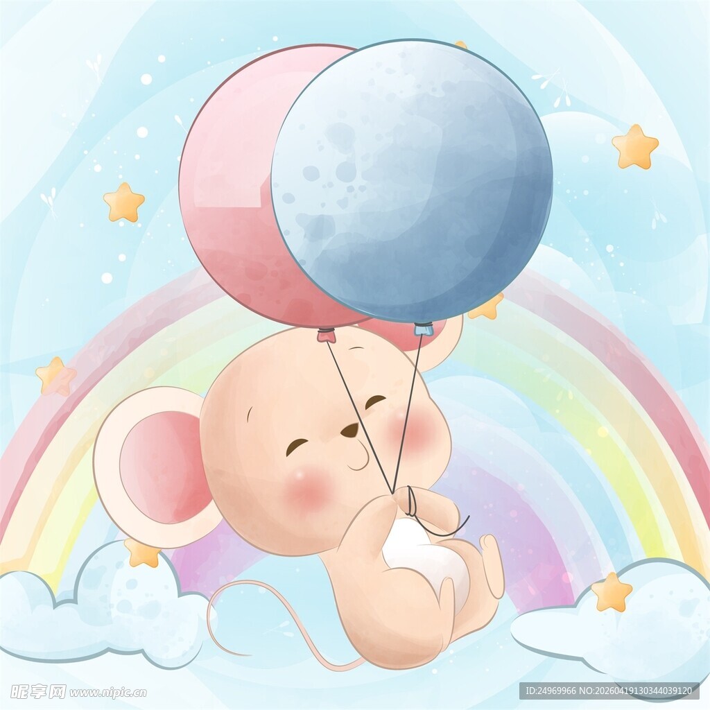 彩虹下抱气球的可爱小象
