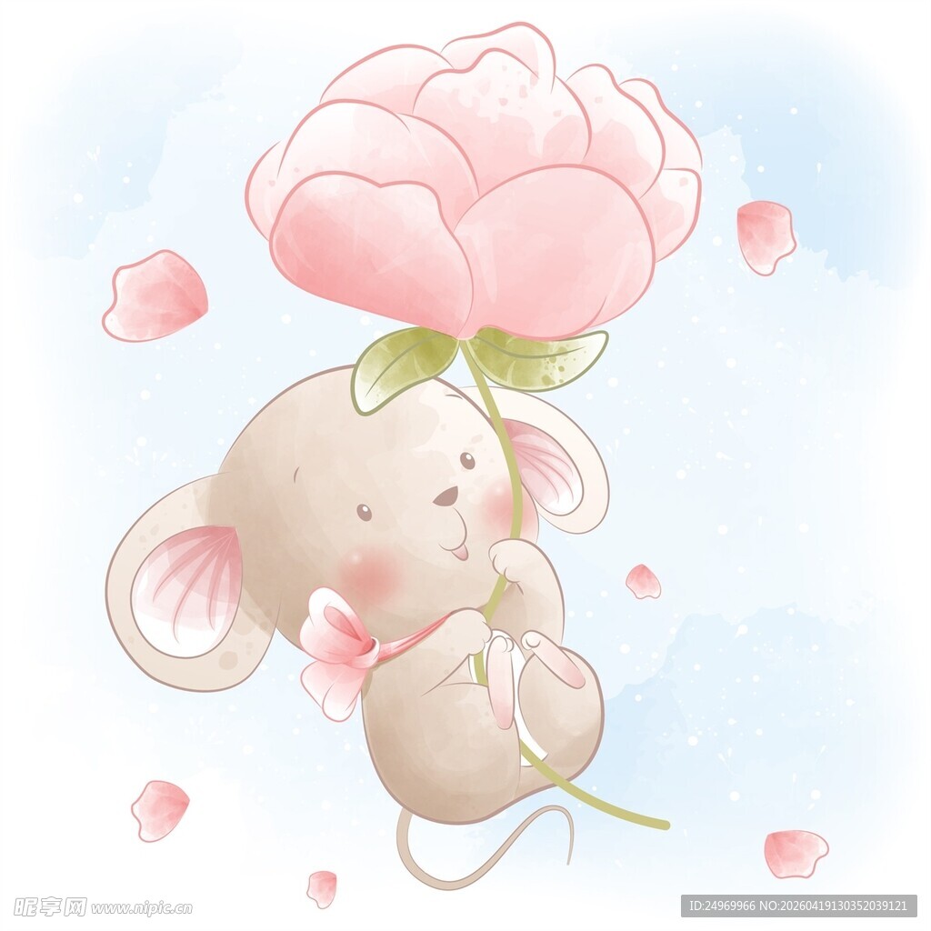 可爱小鼠与粉色花朵相伴
