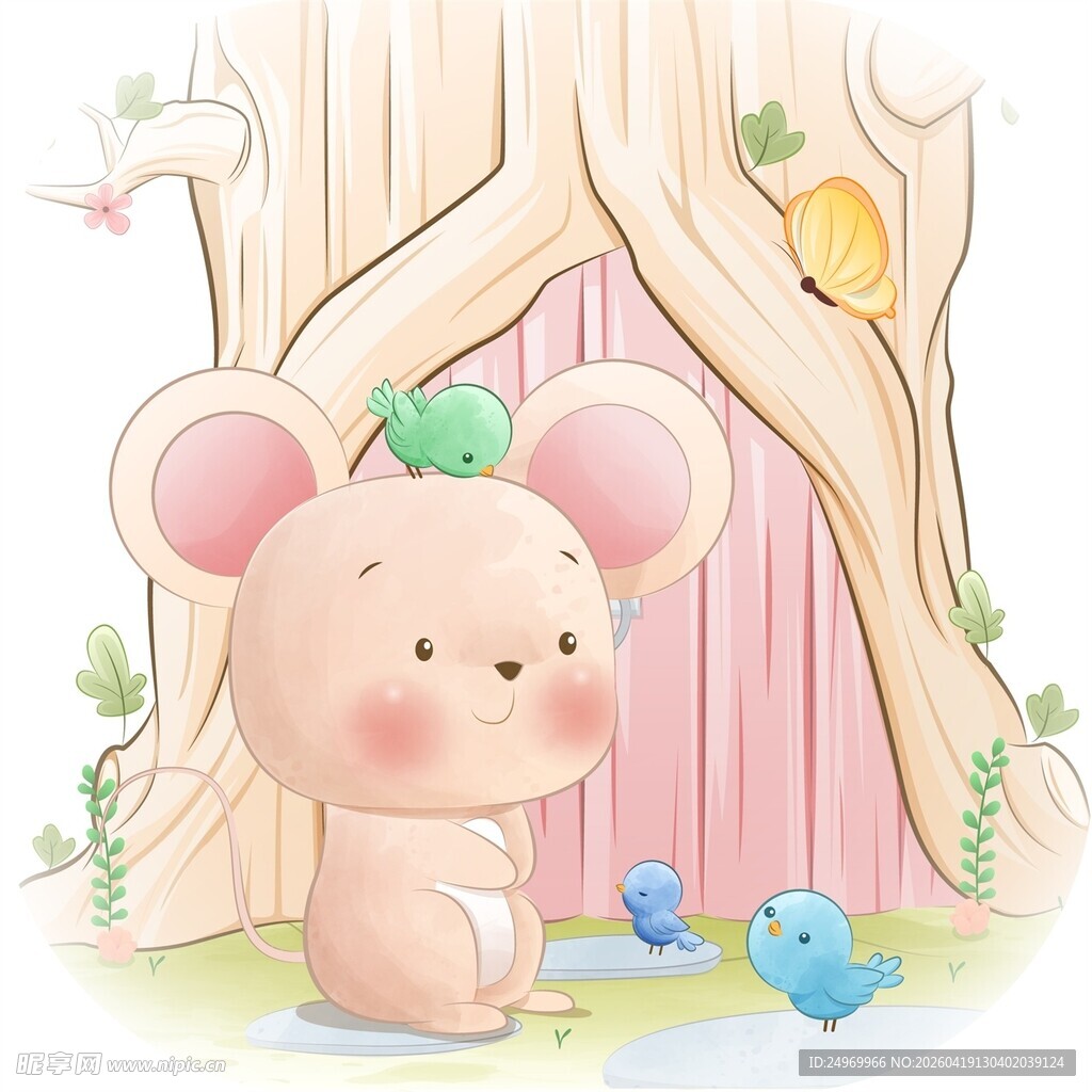 树旁萌鼠与小鸟的温馨场景