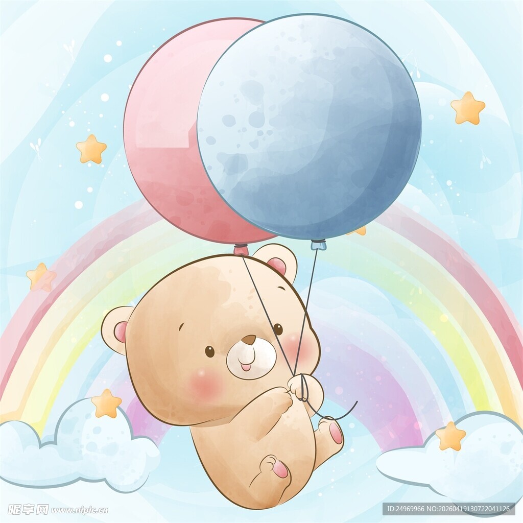 小熊乘气球遨游梦幻天空