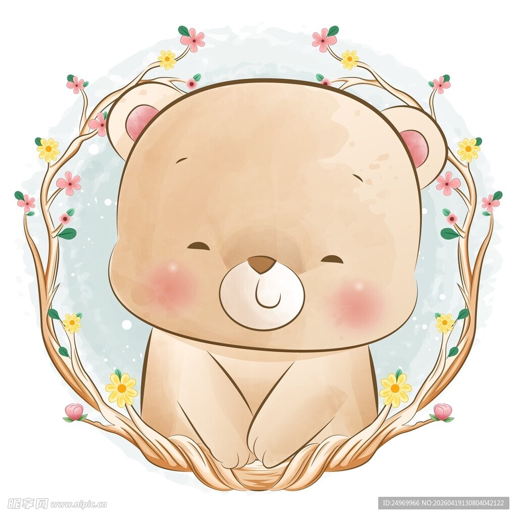可爱小熊身绕花环插画