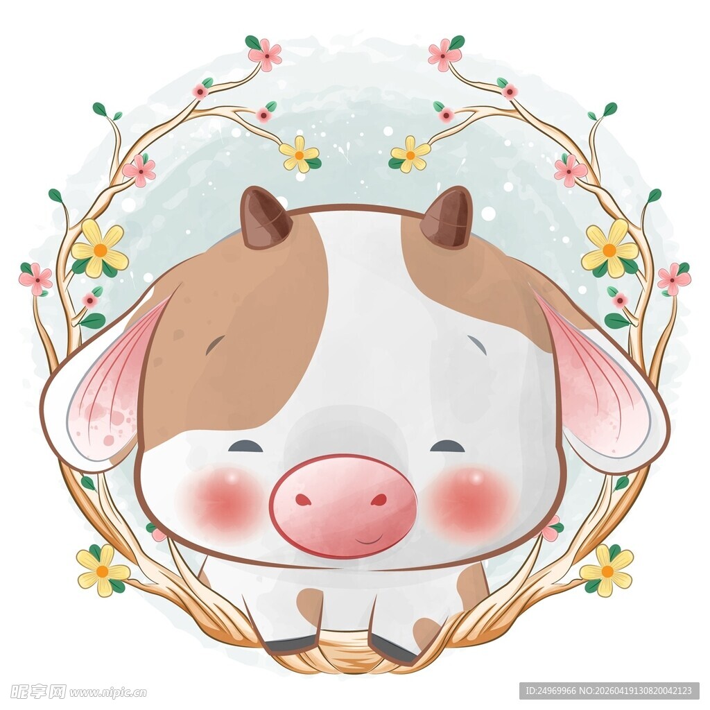 可爱小牛花环插画