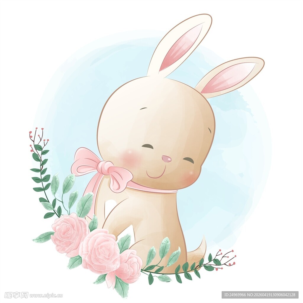 可爱小兔与粉色花朵相伴