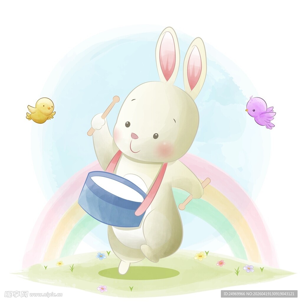 可爱兔子持桶玩耍