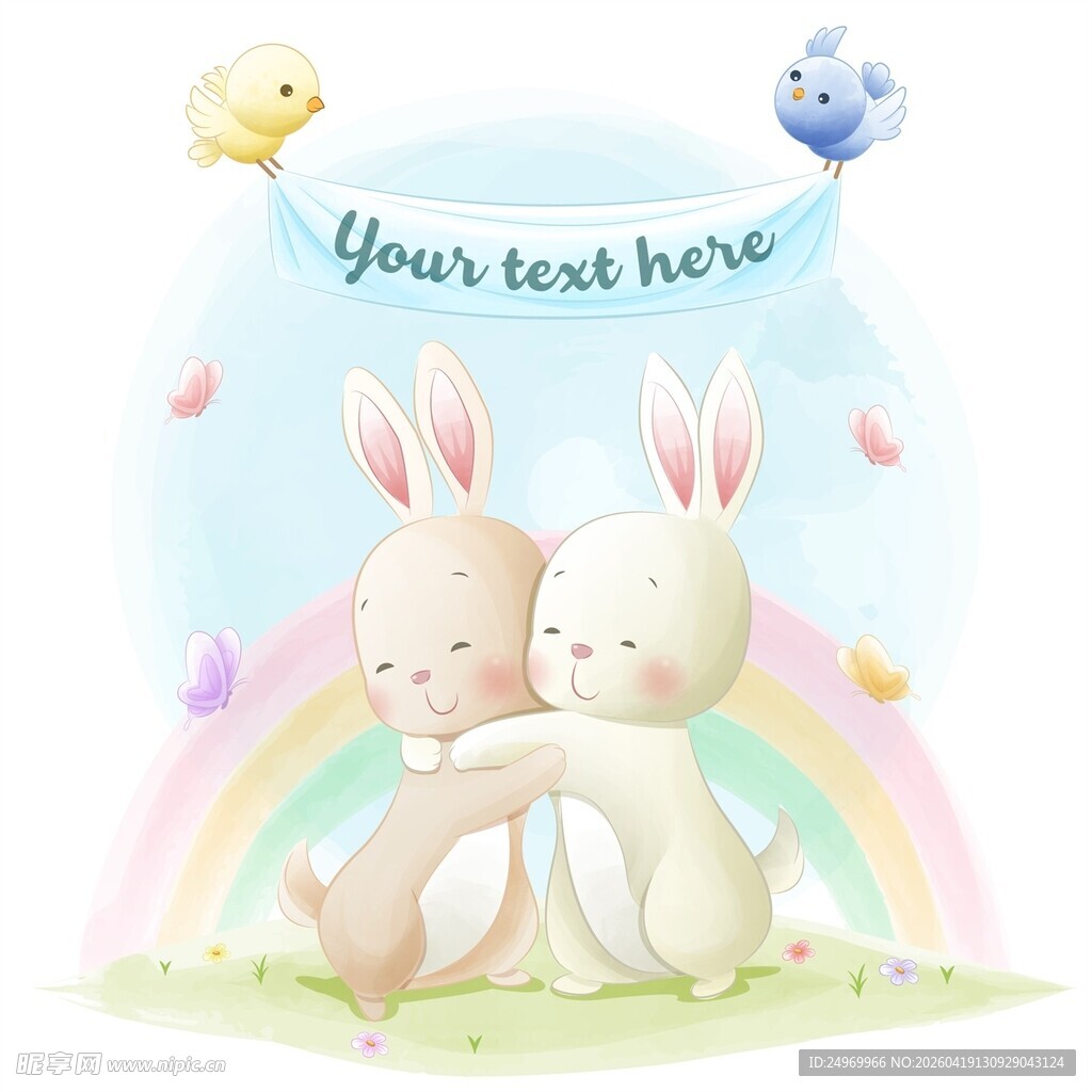 可爱双兔伴彩虹与小鸟