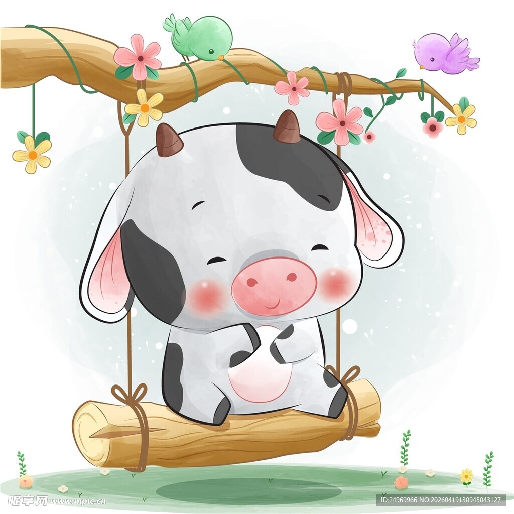荡秋千的可爱卡通小牛