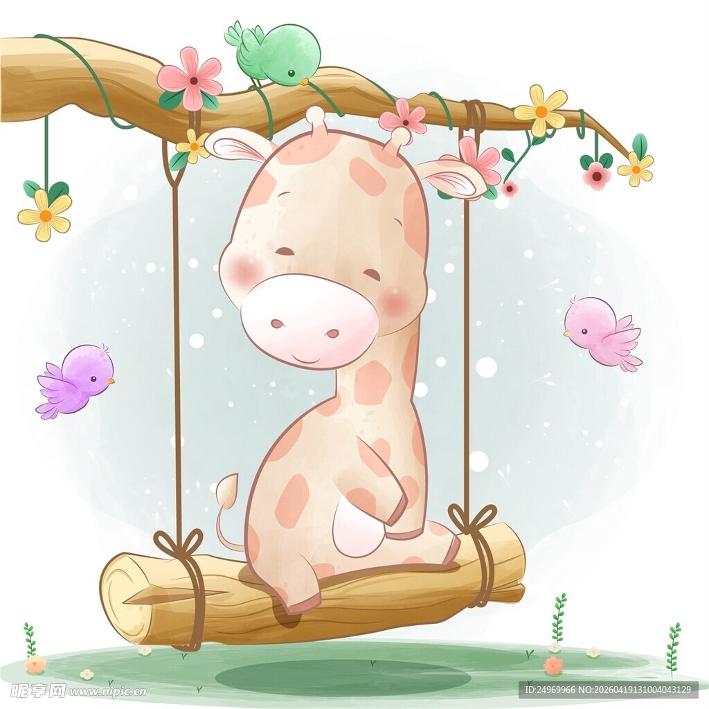 长颈鹿坐秋千的梦幻场景