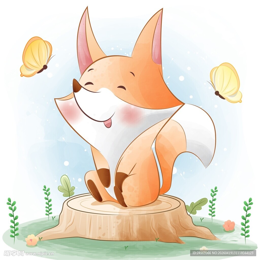 可爱狐狸坐在树桩上赏蝶