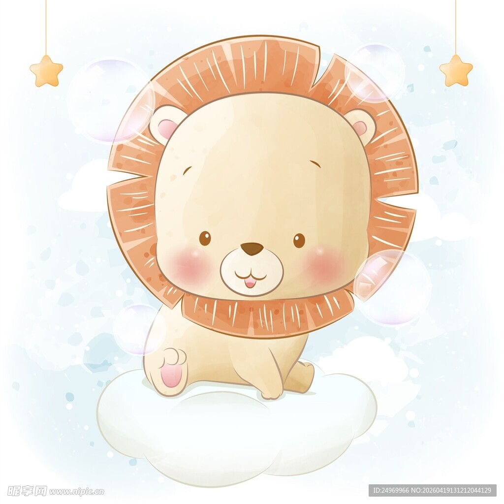 可爱小狮子坐在云朵上
