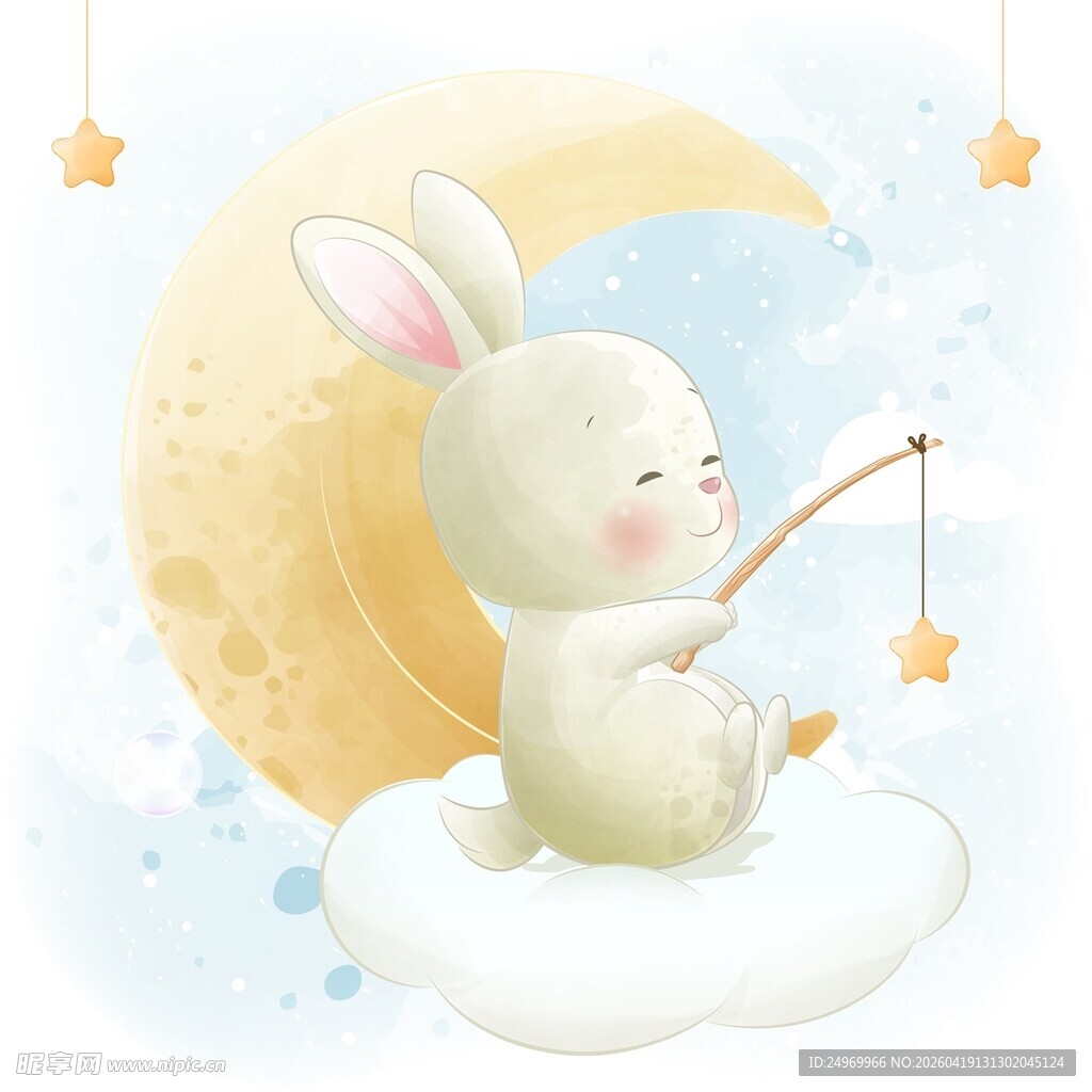 玉兔坐月钓星梦幻插画