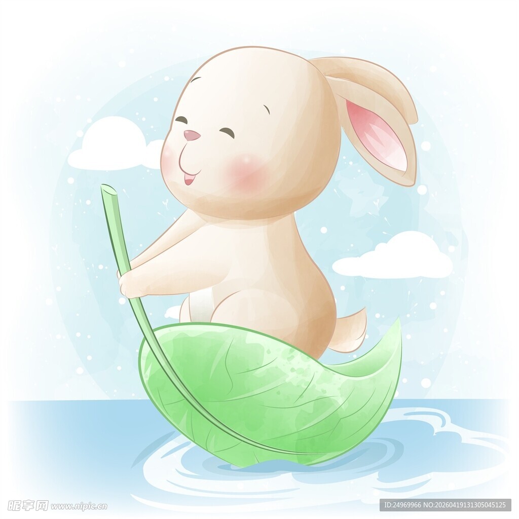 小兔乘叶舟于水面悠游