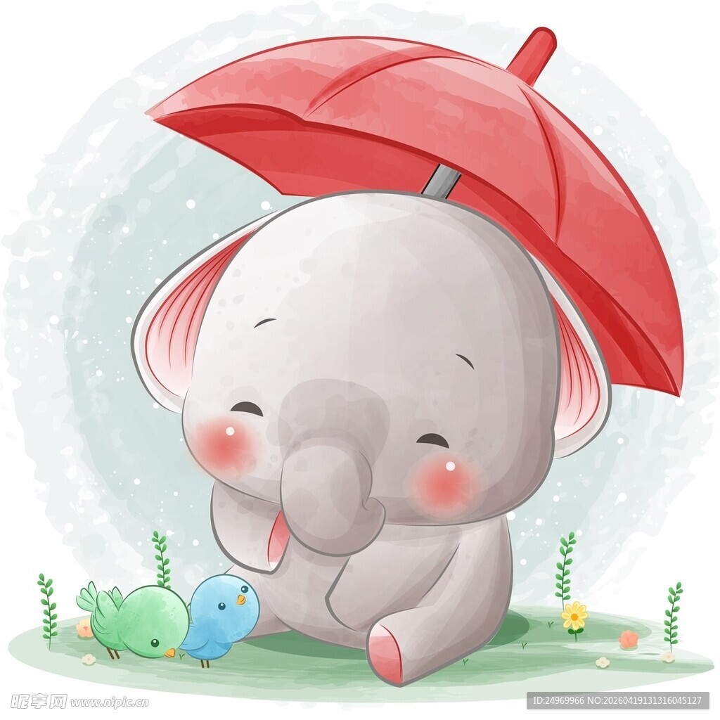 撑伞小象的雨中可爱瞬间