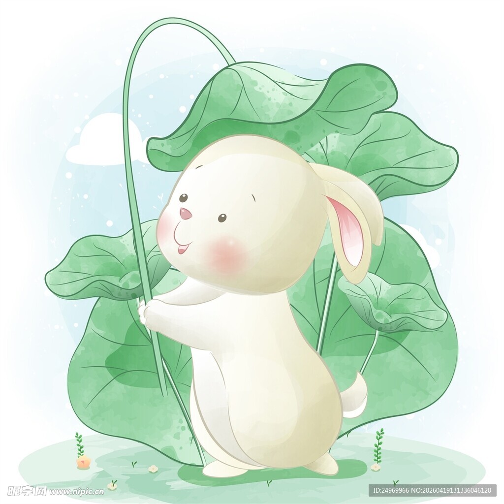 白兔持竿萌趣钓鱼图