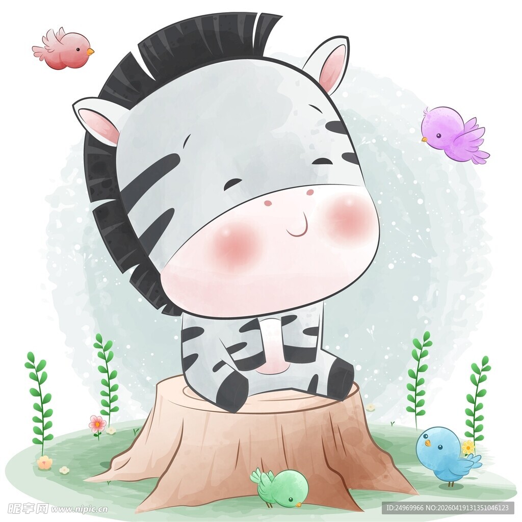 可爱斑马坐在树桩上