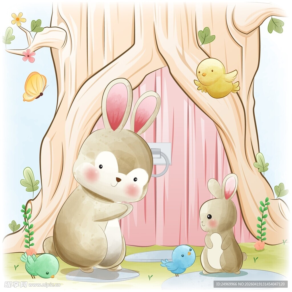 兔子母子的温馨春日场景