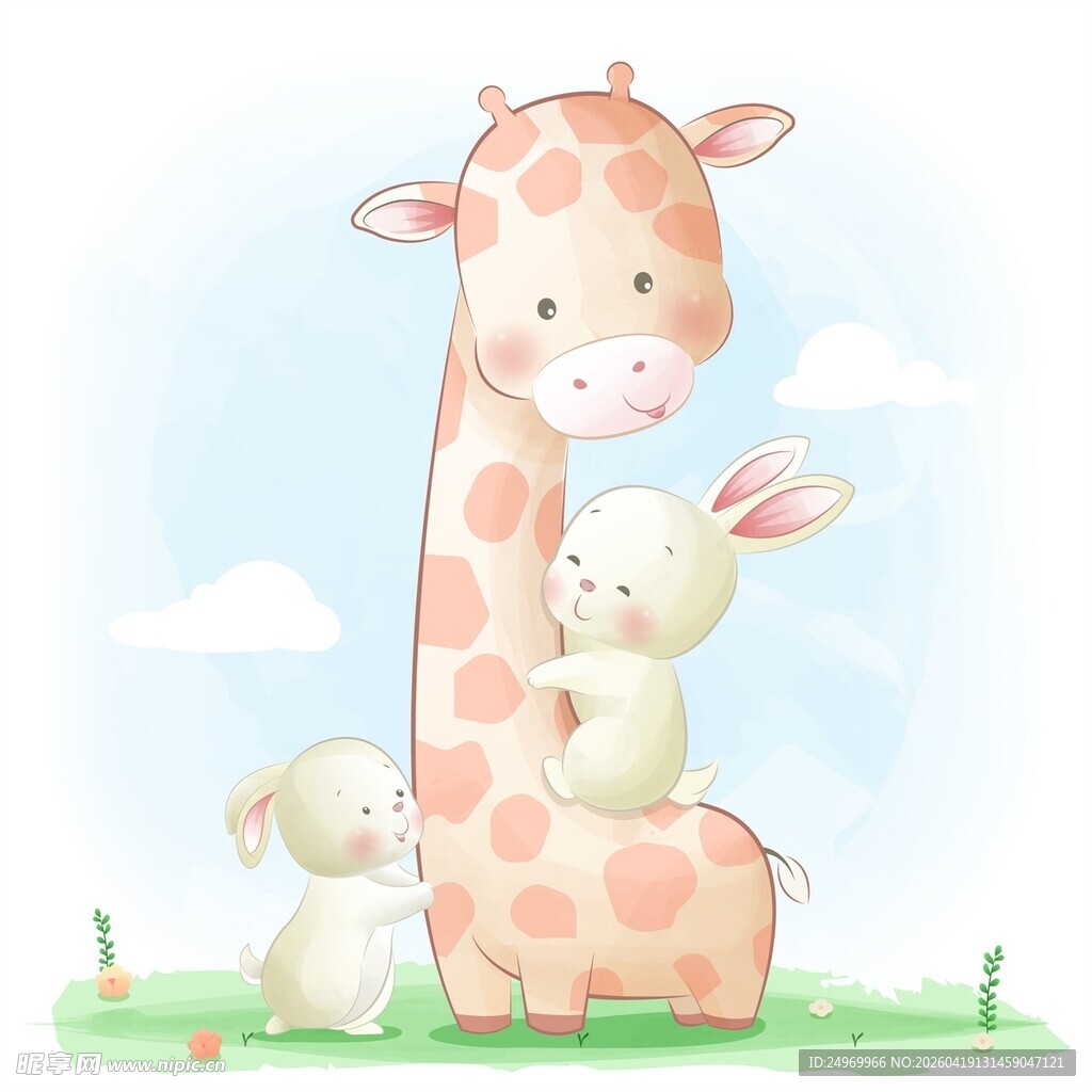 长颈鹿与兔子的温馨画面