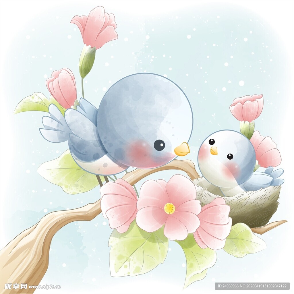 枝头小鸟与繁花